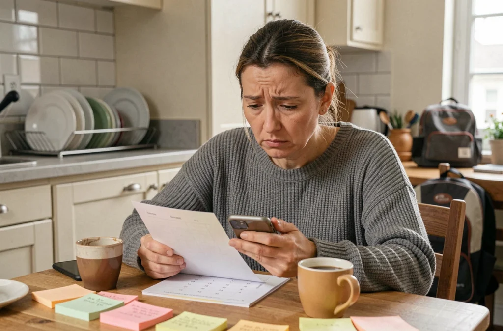 Mère de famille stressée qui planifie un jour férié tombant pendant les vacances scolaires 2026