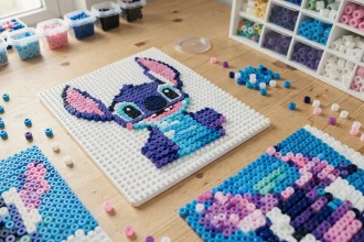 Modèle de perles à repasser Stitch en cours de réalisation sur table en bois avec perles colorées éparpillées