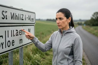 Femme pointant un panneau de signalisation indiquant des distances en miles et en kilomètres sur une route rurale