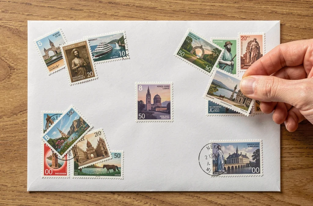 Enveloppe blanche avec plusieurs timbres collés en désordre à des positions incorrectes et se chevauchant, illustrant un mauvais positionnement multiple