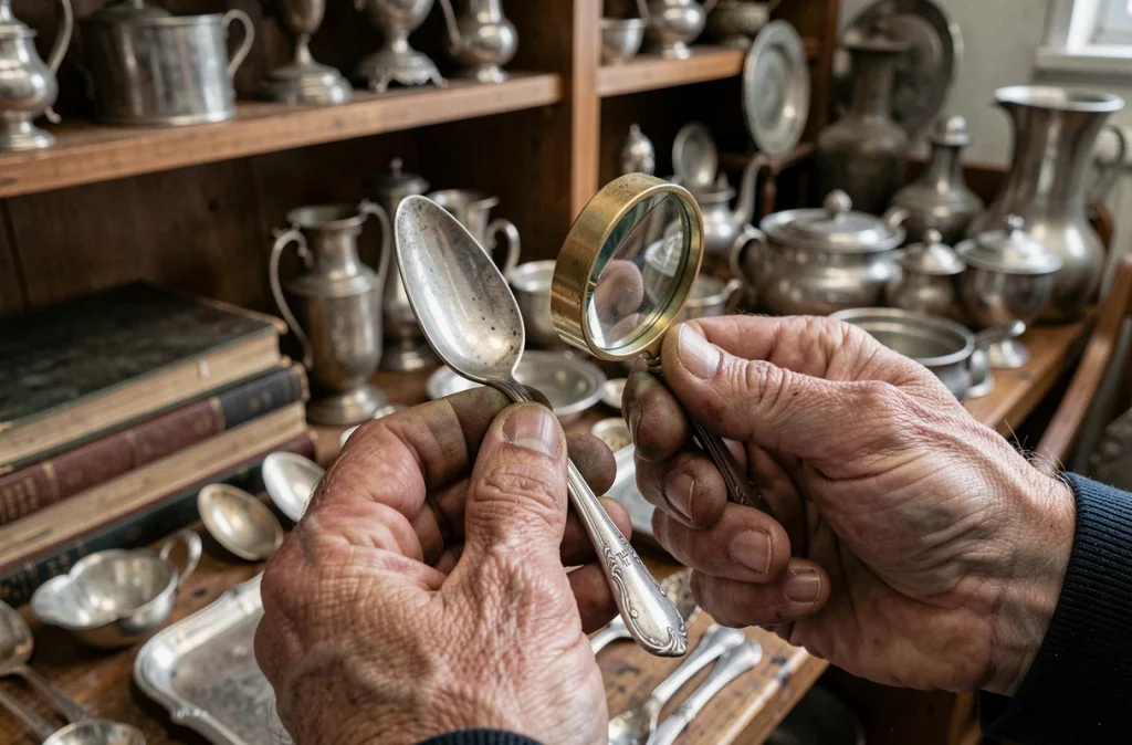 Mains d'expert utilisant une loupe pour identifier le poinçon argent d'une cuillère ancienne dans un atelier antiquaire