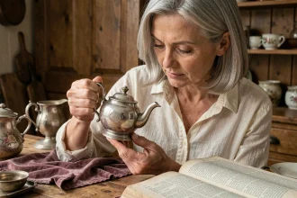 Femme examinant le poinçon argent d'une théière ancienne de famille posée sur une table en bois