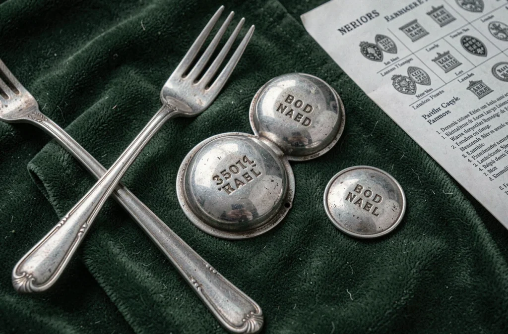 Poinçons argent français visibles sur plusieurs objets anciens posés sur du velours vert avec un guide d'identification