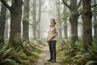 Femme se promenant sur un sentier forestier moussu à Saint-Goussaud en Creuse, entourée de chênes et de brume matinale