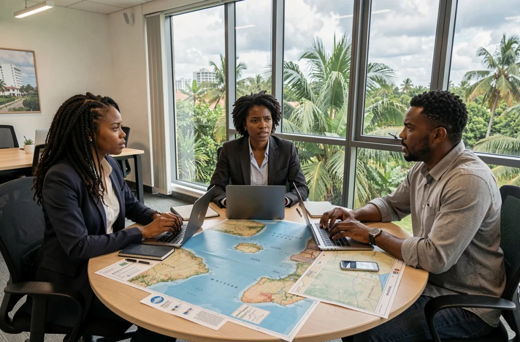 Professionnels mahorais et africains discutant de la position géopolitique de Mayotte autour d'une table de travail