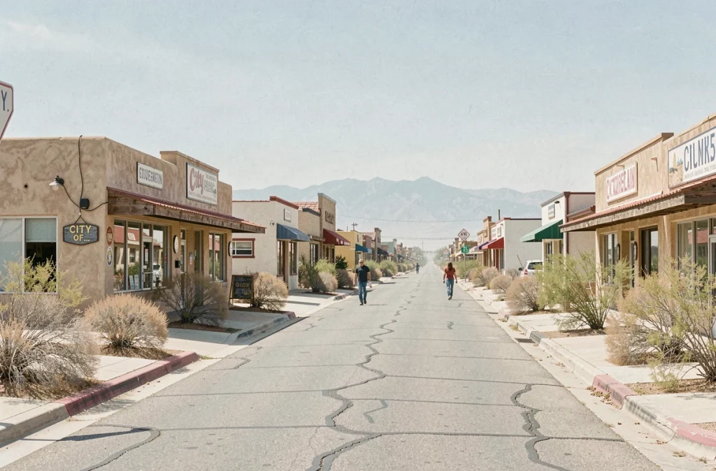 Vue de la rue principale d'une petite ville incorporée du Nevada avec panneau de limite municipale