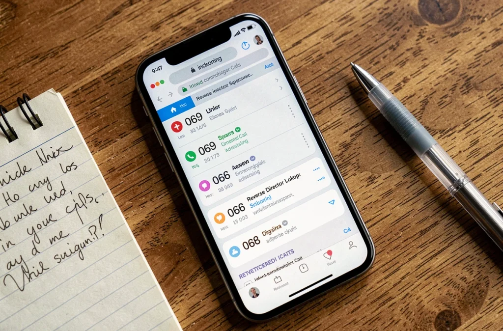 Vue de dessus d'un smartphone affichant des appels entrants de numéros 06 marqués comme spam et une recherche d'annuaire inversé gratuit pour identifier les démarcheurs
