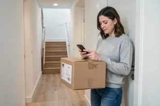 Femme recevant un colis GLS devant sa porte d'appartement et vérifiant la livraison sur son smartphone