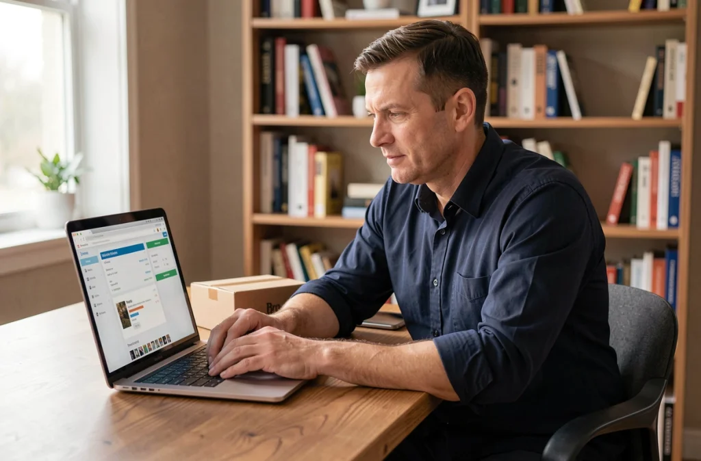 Homme consultant le suivi de colis GLS en ligne sur un ordinateur portable dans un bureau à domicile