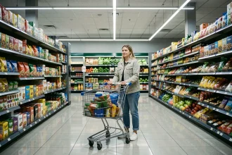 Femme faisant ses courses dans un supermarché ouvert tard le soir à Montpellier