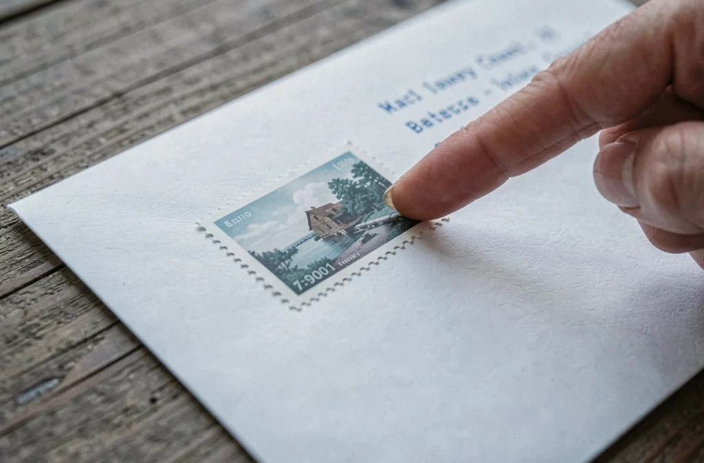 Enveloppe blanche avec un timbre collé au centre au lieu du coin supérieur droit, illustrant une erreur courante de positionnement postal