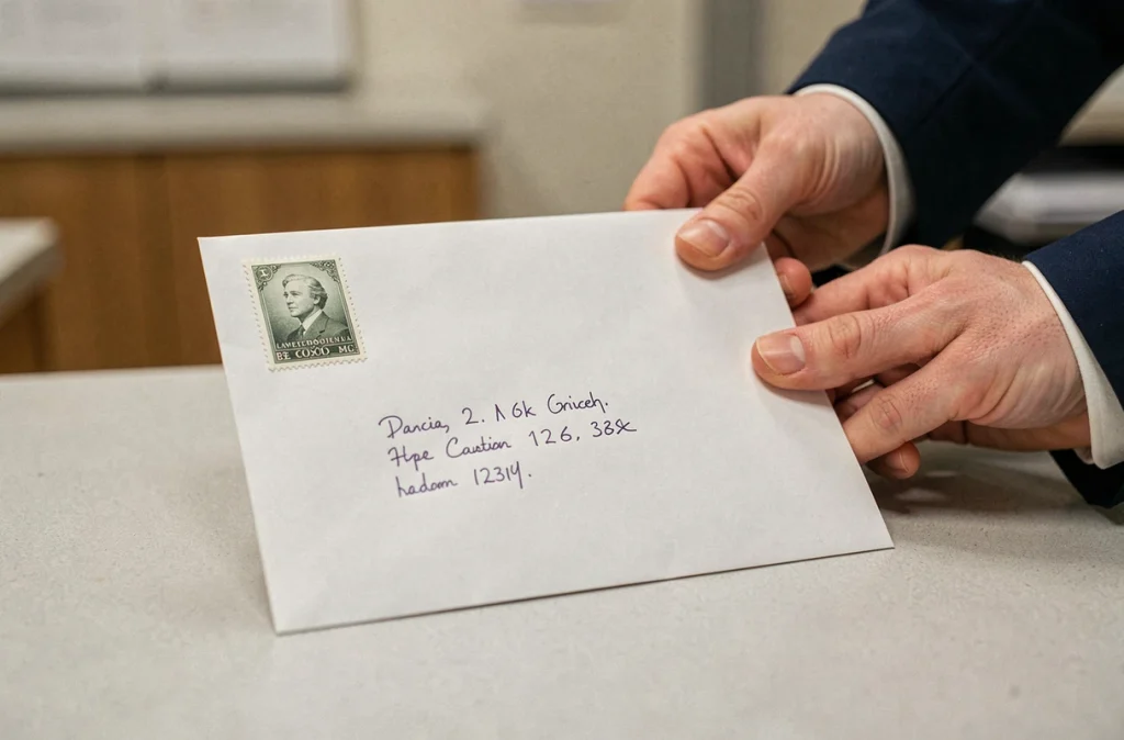 Enveloppe avec un timbre mal positionné dans le coin supérieur gauche au lieu du coin supérieur droit, contrôlée par un agent postal
