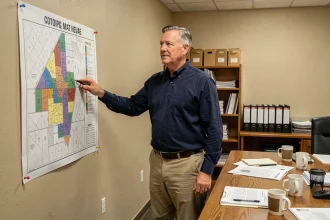 Urbaniste pointant une carte de zonage VILLE Nevada dans une salle de réunion municipale
