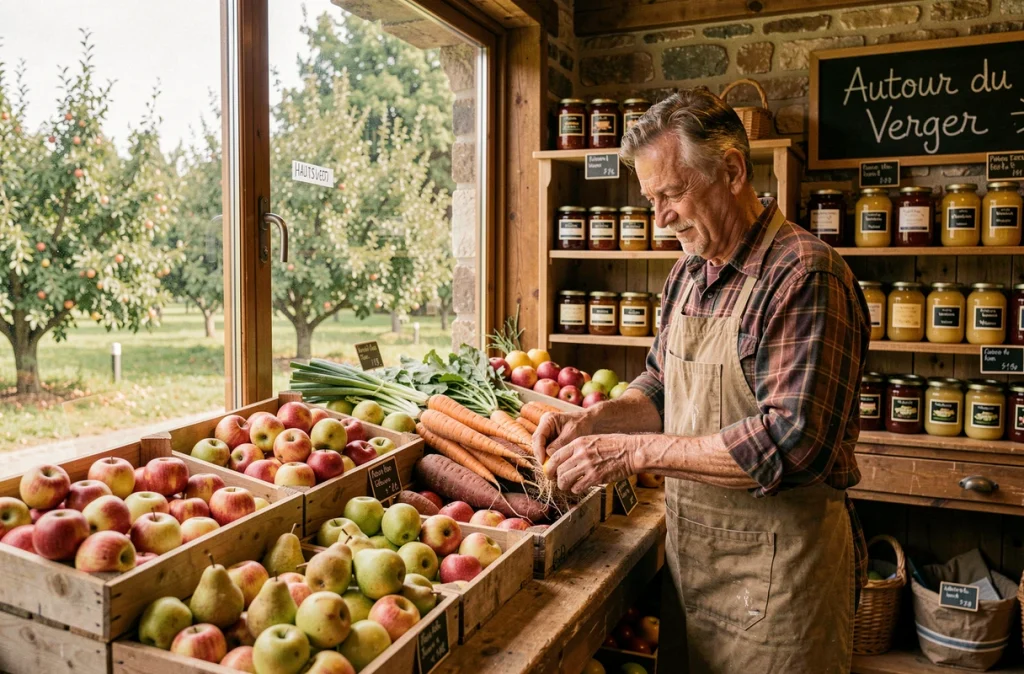 Boutique Autour du Verger avec des caisses de fruits frais et légumes de saison directement issus du verger local