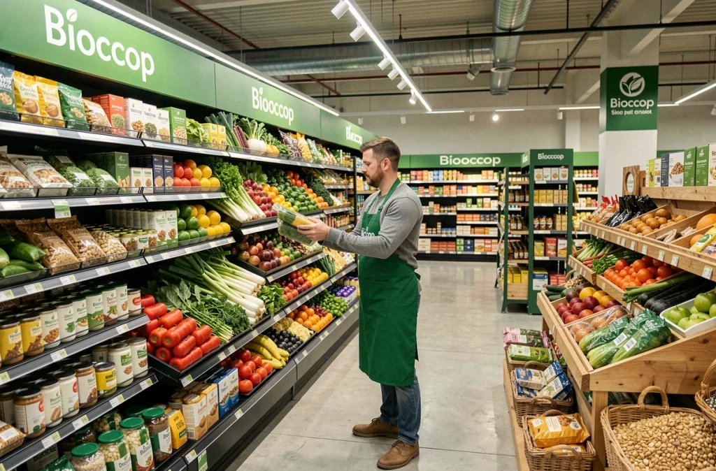 Grand magasin Biocoop à Lille avec ses larges rayons de produits biologiques et un employé réapprovisionnant les légumes