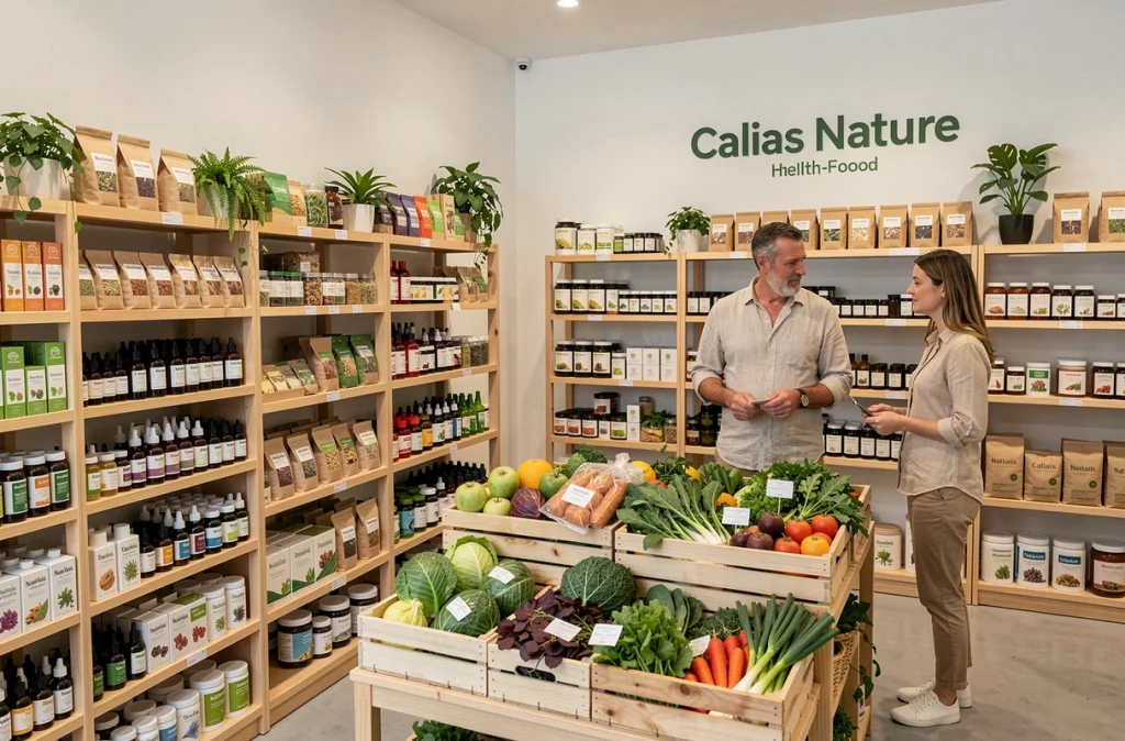 Intérieur du magasin Calais Nature à Calais avec ses rayons de produits naturels et cosmétiques bio