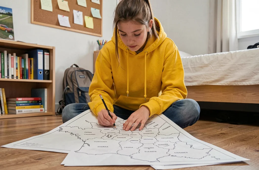 Adolescente annotant une carte de France imprimée en noir et blanc sur le sol de sa chambre
