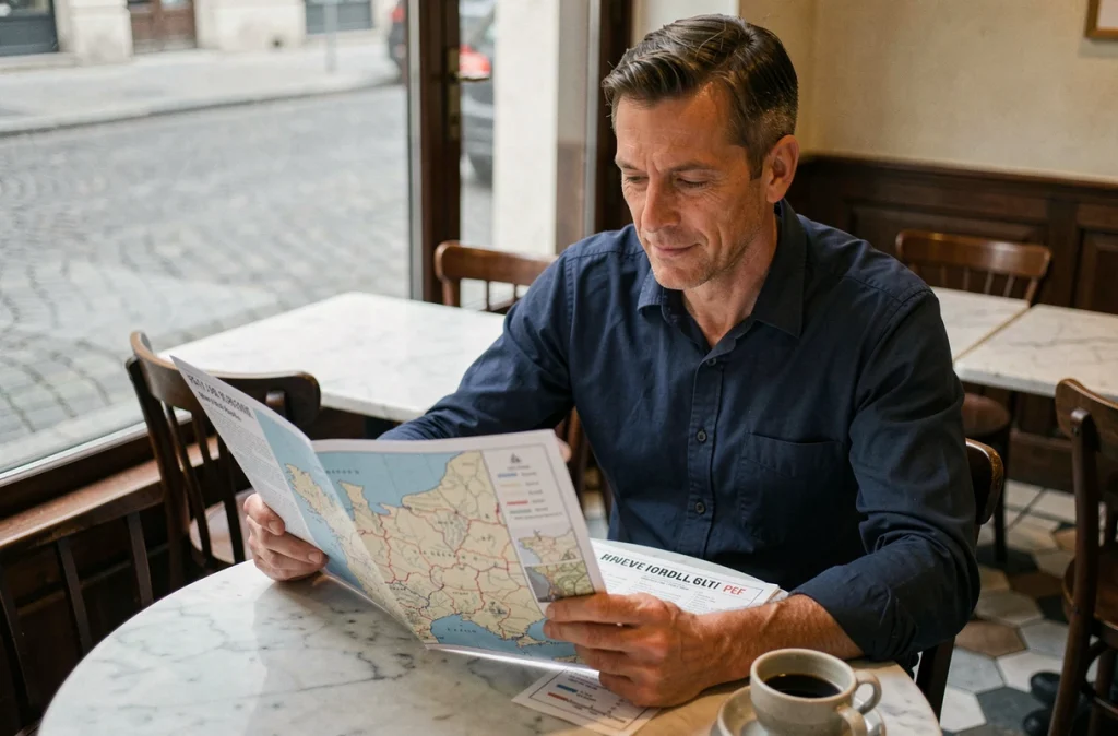 Homme étudiant une carte de France imprimée dans un café parisien avec une tasse de café