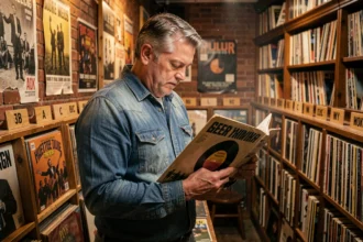 Collectionneur de vinyles examinant un disque rare dans une boutique vintage remplie de vinyles classés en bacs en bois