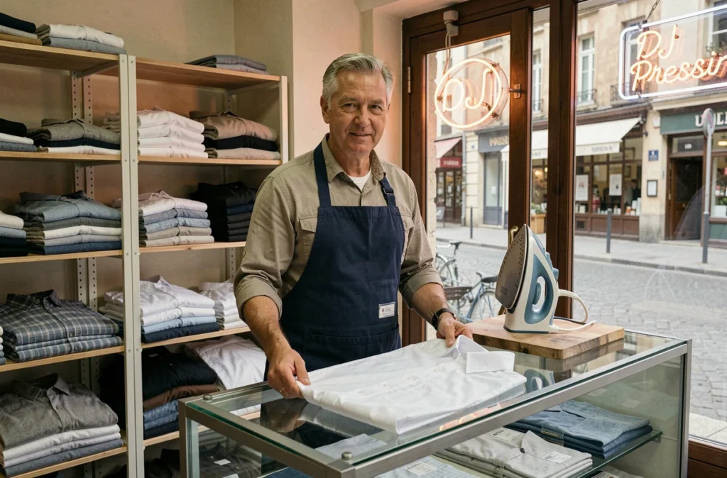 Employé de DJ Pressing tenant une chemise fraîchement repassée derrière le comptoir de la boutique