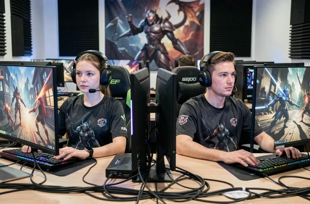 Deux joueurs en compétition dans une salle de gaming esports avec des écrans de jeu fantasy