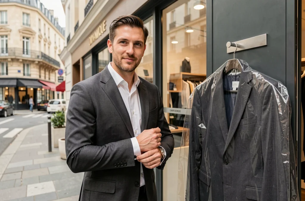 Homme en costume fraîchement repassé récupérant ses vêtements nettoyés représentant le service Dynamique Embauche
