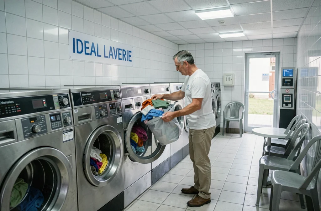 Client chargeant une machine à laver dans la laverie en libre-service Ideal Laverie