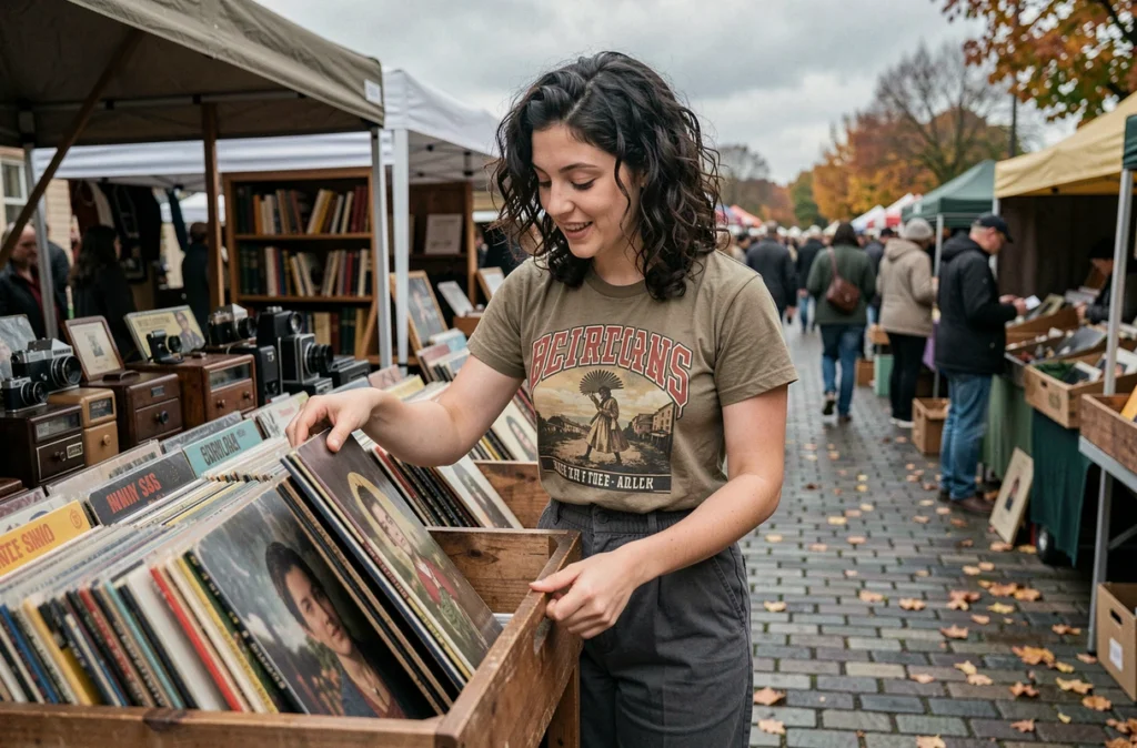 Jeune femme fouillant des vinyles dans un bac en bois lors d'un marché aux puces vintage en plein air à l'automne
