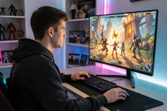 Joueur concentré devant un écran de jeu MMORPG fantasy avec son setup gaming à la maison