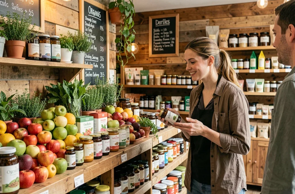 Espace créatif du magasin La Nature a du Génie à Lille avec des produits bio locaux et une vendeuse souriante