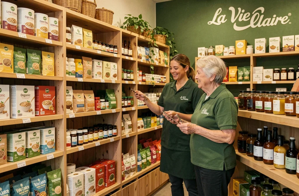Magasin La Vie Claire avec une employée aidant une cliente âgée parmi les rayons de produits biologiques et naturels