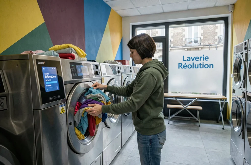 Cliente utilisant une machine à laver moderne à la Laverie Révolution dans un environnement contemporain