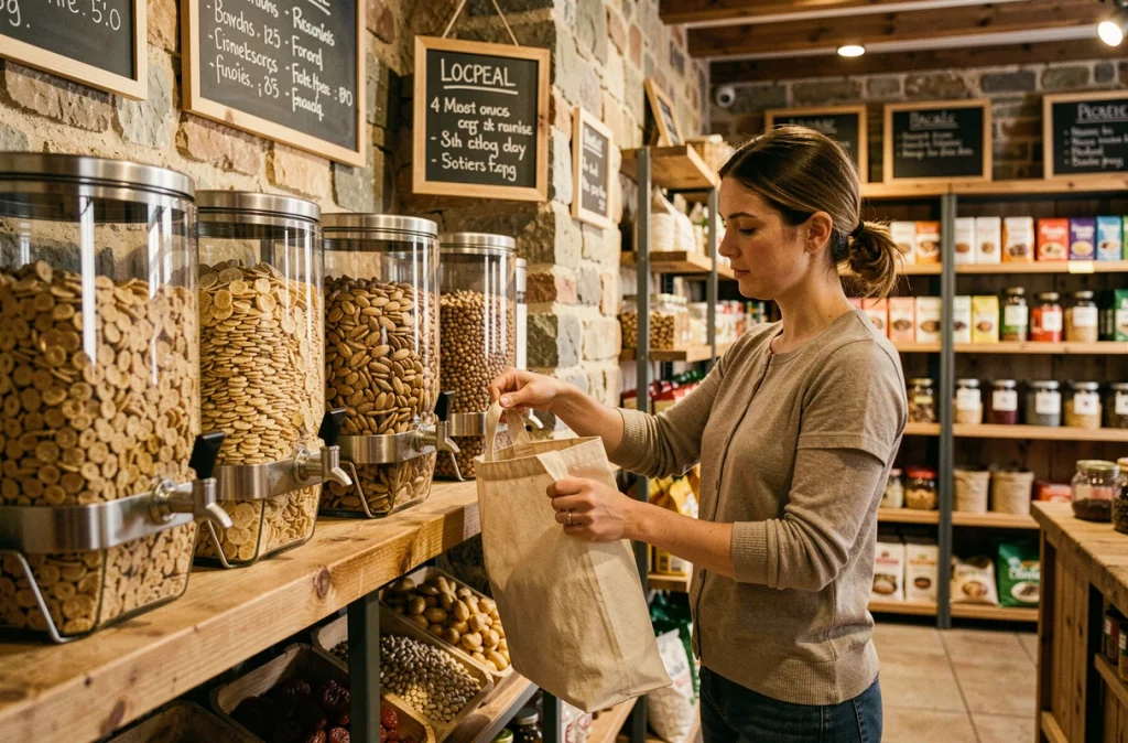Espace vrac d'un magasin Locavrac et Bio avec des contenants en verre remplis de produits locaux et biologiques