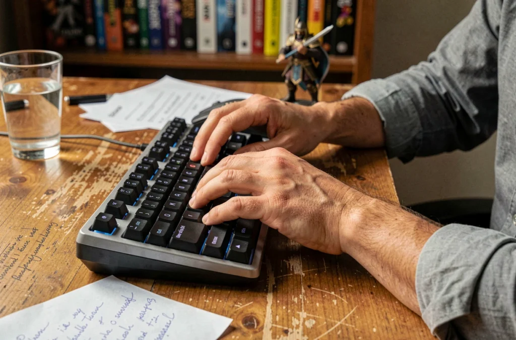 Mains de joueur sur clavier mécanique et souris gaming avec notes de stratégie pour Dofus