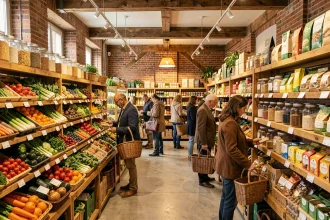 Intérieur d'un magasin bio dans les Hauts-de-France avec rayons de produits naturels et clients faisant leurs courses