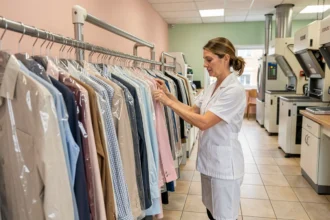 Intérieur d'un pressing moderne en Essonne avec des vêtements suspendus proprement sur un rail mécanique