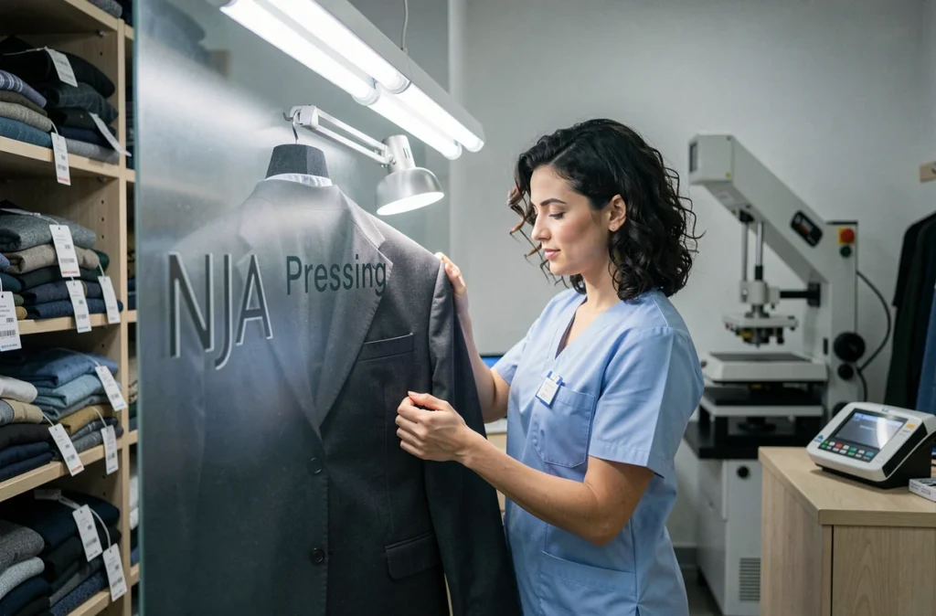 Employée de NJA Pressing inspectant soigneusement une veste de costume sombre