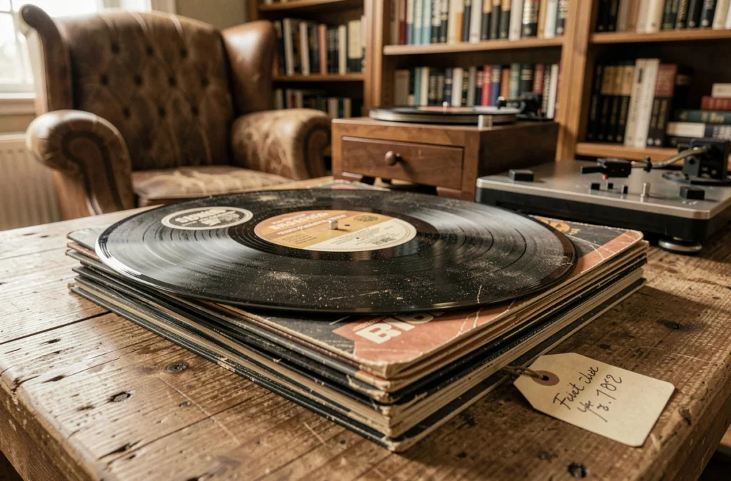 Pile de vinyles rares des années 60 et 70 posés sur une table en chêne avec étiquettes vintage et prix manuscrit