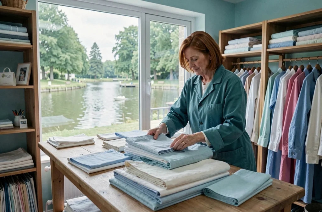 Employée de Pressing Du Lac triant des nappes et du linge fraîchement nettoyé près d'une fenêtre avec vue sur un plan d'eau