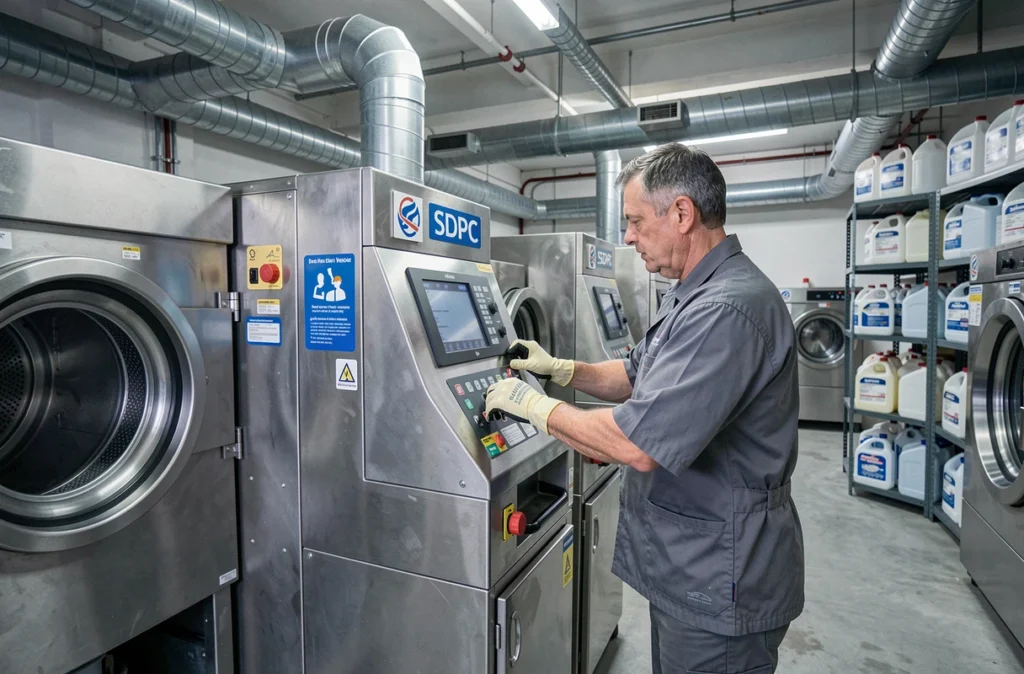 Technicien de SDPC opérant une machine industrielle de nettoyage à sec dans un atelier professionnel