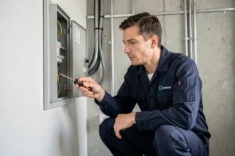 Électricien professionnel en Charente intervenant sur un tableau électrique dans une maison résidentielle